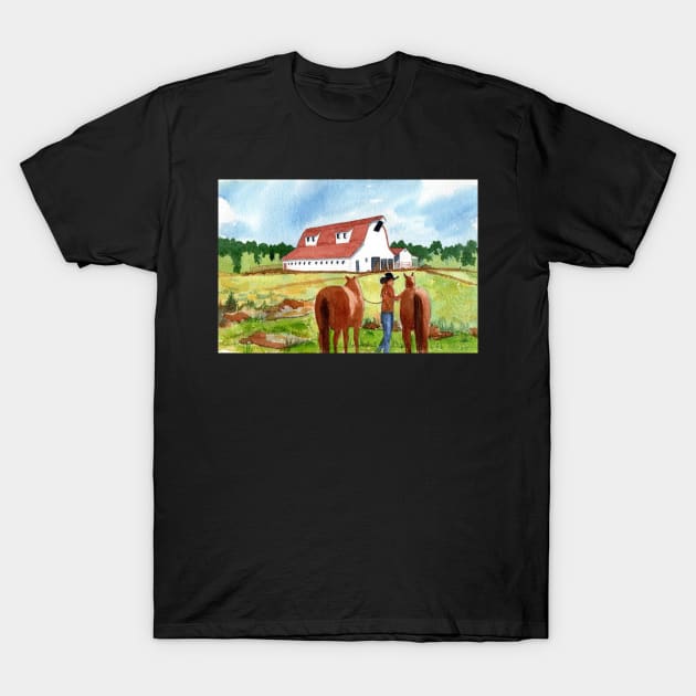 Horse Barn Homecoming Original Watercolor T-Shirt by MMcBuck